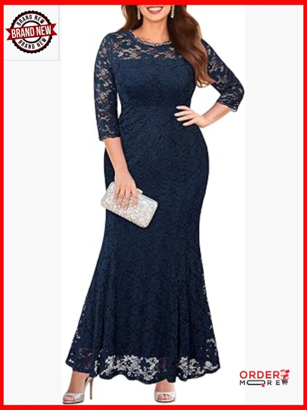 Plus Size Formal Lace Mermaid Gown Wedding Evening Dress 3/4 Sleeves